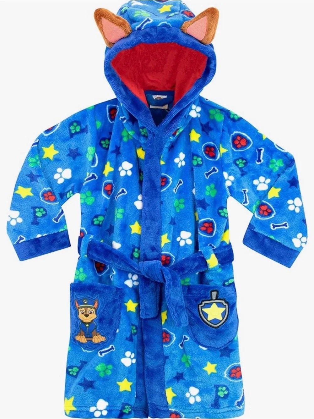Size 5 Official Paw Patrol Chase Hooded Robe Blue & Red Plush Fleece Cozy Gift
